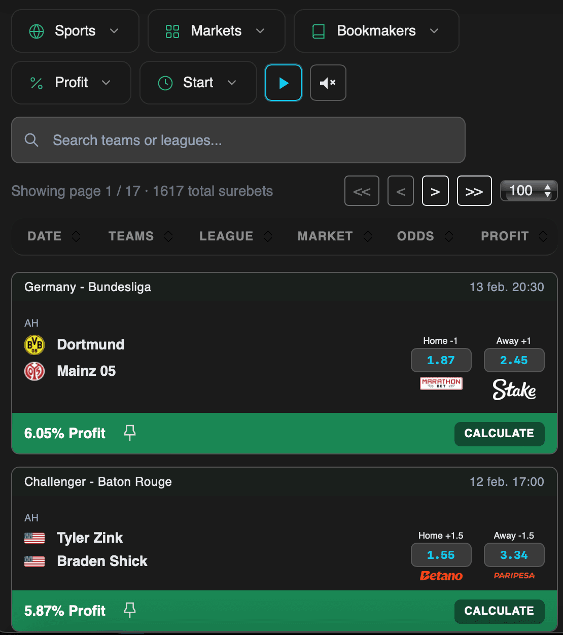 Surebets Desktop Interface